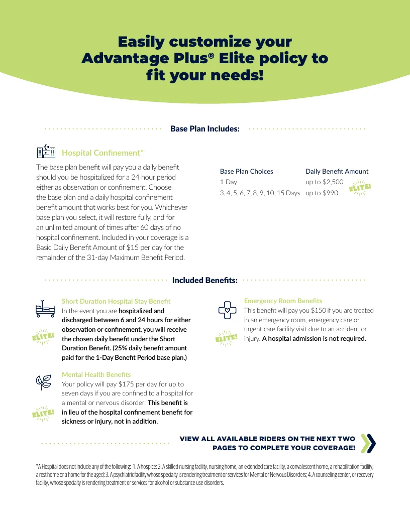 Advantage Plus Elite brochure page showing base plan hospital confinement and included benefits